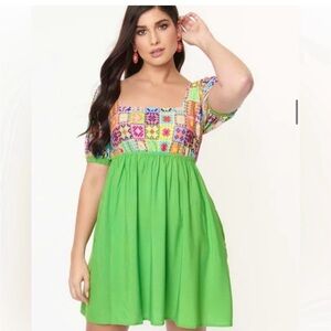 SMAK PARLOUR Green Crochet-Inspired Puff Sleeve Tie-Back Mini Dress - XL